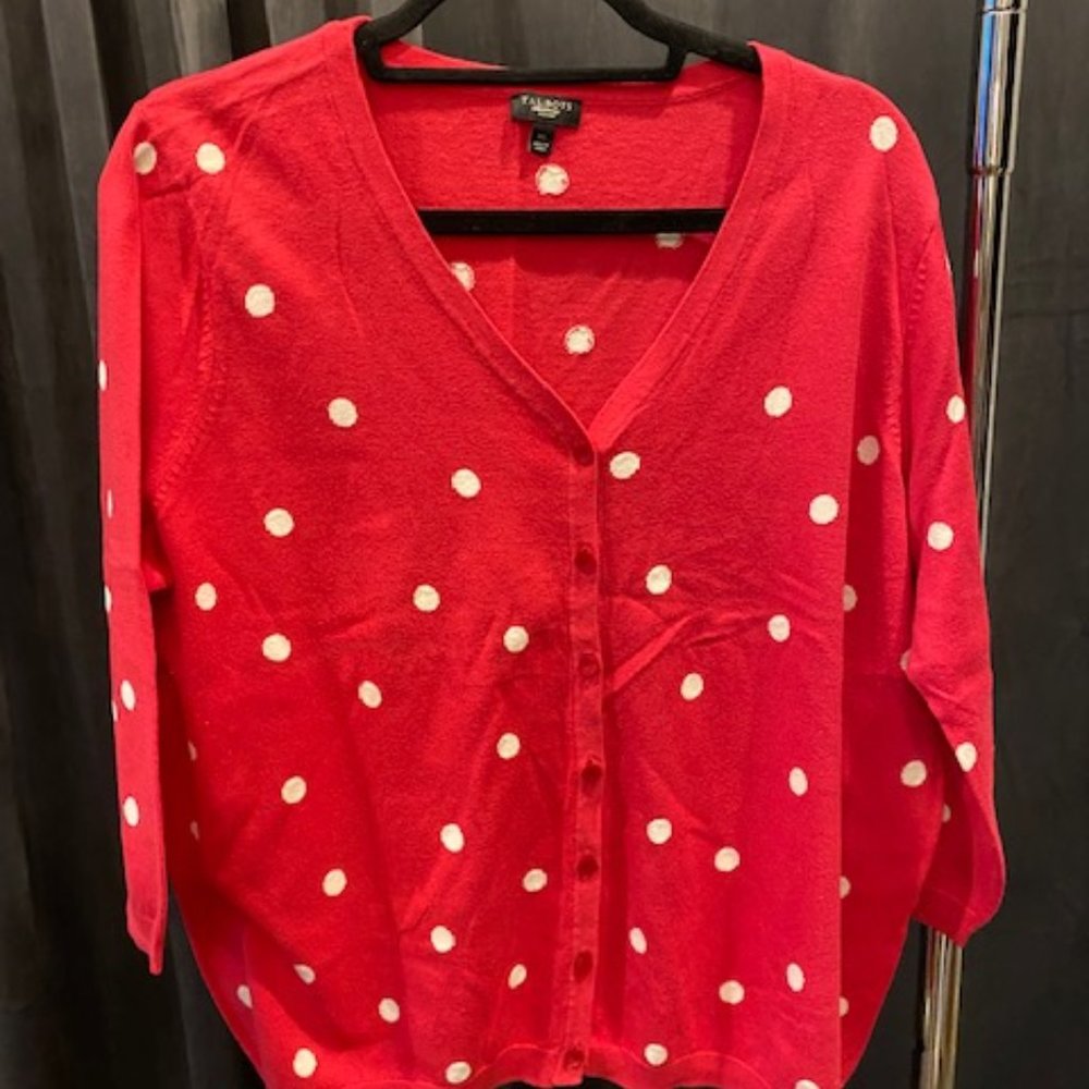 Talbots Womens Sweater Cardigan Pink w White poka Dots 1x
